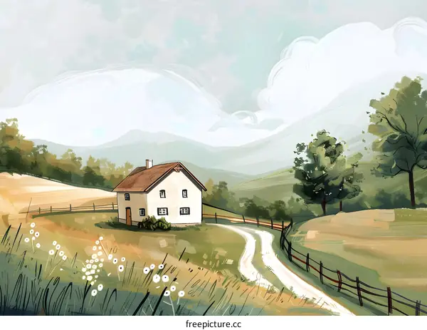 Countryside Landscape Painting With a White House