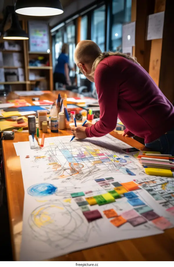 Focused male designer drawing colorful diagram on large paper in the office