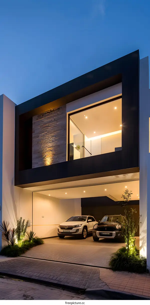 Modern House Exterior with Garage and Landscaping at Dusk