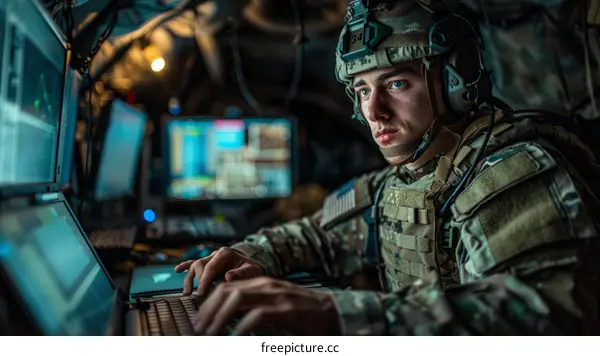 A soldier wearing a helmet and body armor works on a laptop computer.