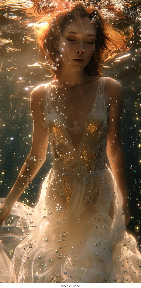 Young Woman in White Dress Submerged Underwater