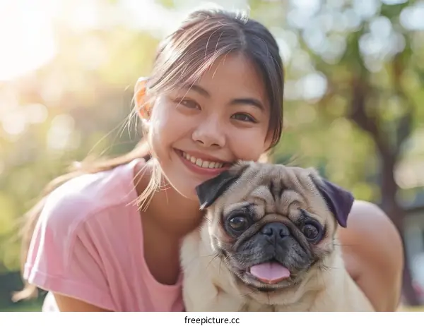 pug smiling at the camera with a woman