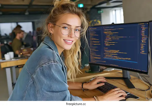 Young Woman Working on Computer in Modern Office