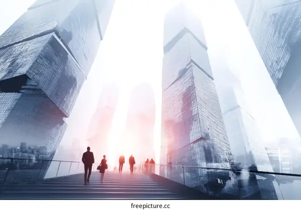Futuristic Cityscape with Business People Ascending