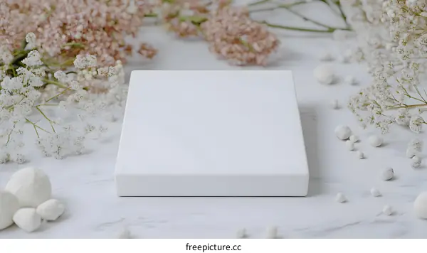 White Square Mockup with Flowers and White Stones on Marble Background