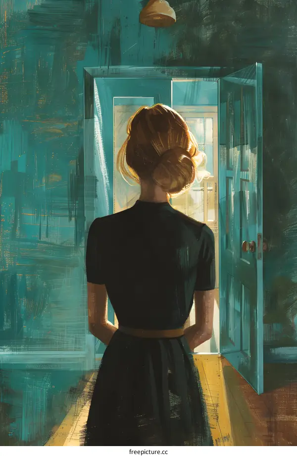 Woman standing with her back turned in front of an open door