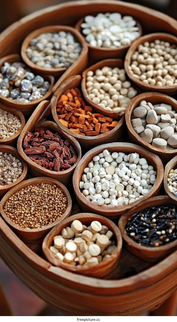 Assortment of Traditional Medicinal Herbs and Spices in Wooden Bowls