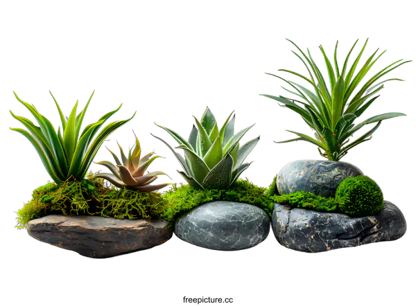 [Transparent Background PNG]Three succulents on rocks with moss