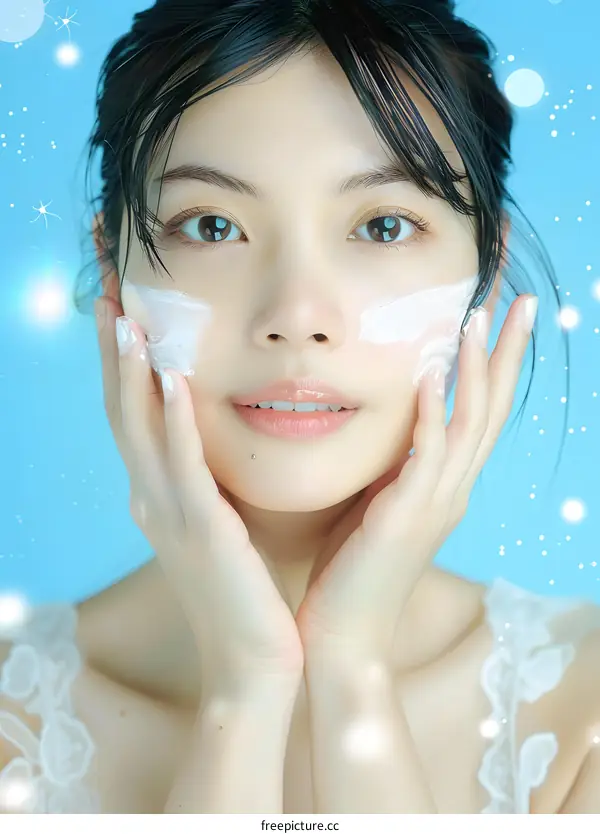 Beautiful Woman Applying Face Cream with White Glow Background