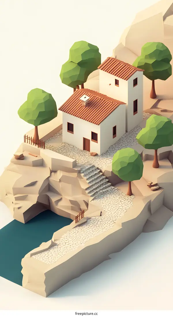 Low Poly House on Cliff with Trees