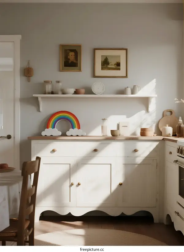 Sunlit white kitchen with rainbow decoration and wooden furniture