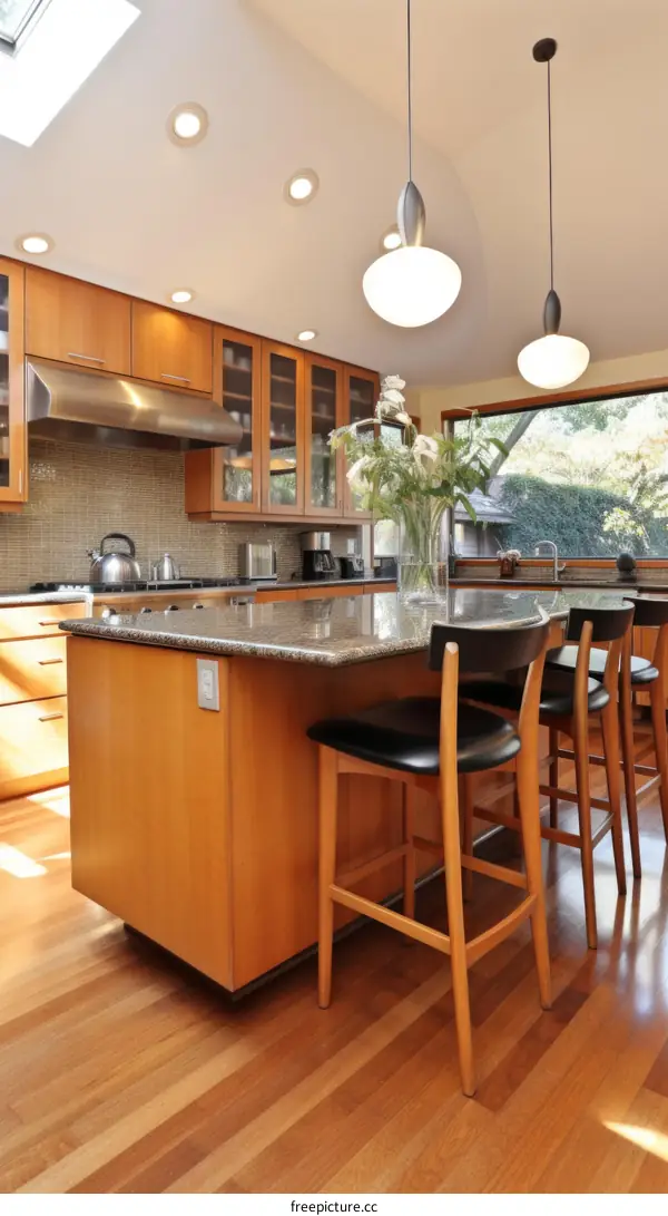 Modern Kitchen Island with Wood Cabinets and Breakfast Bar