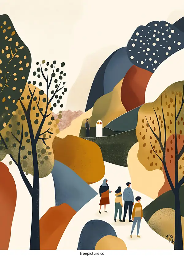 Abstract People Walking on a Path in a Forest
