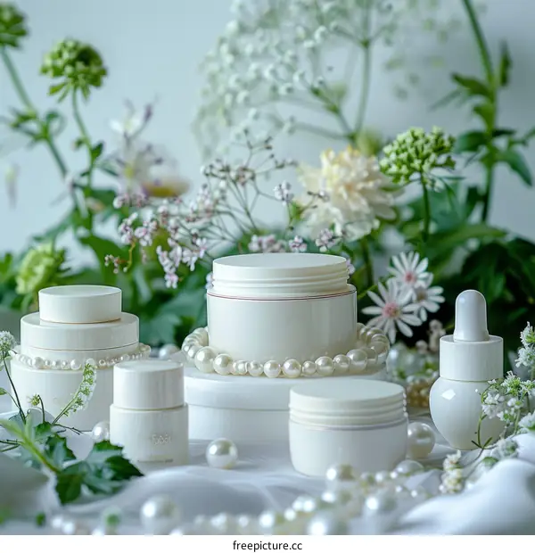 Skincare products with pearls and flowers