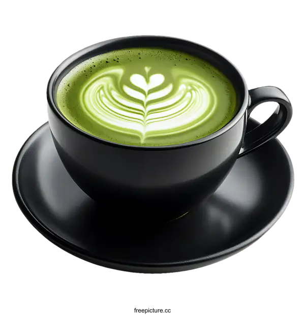 [Transparent Background PNG]Delicious Matcha Latte in a Black Ceramic Cup