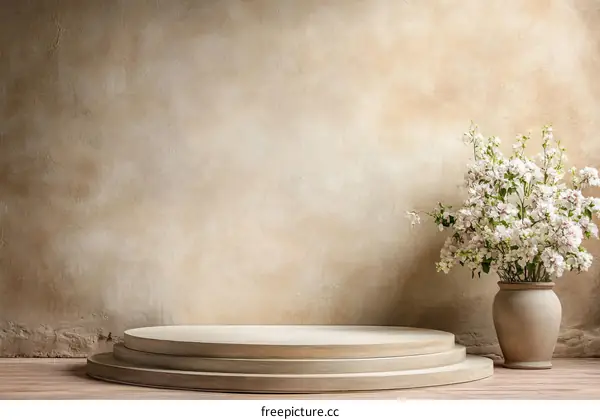 Beige Wall Display Podium with White Flowers