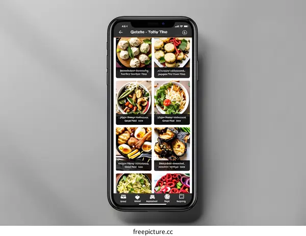 Mobile Phone Screen with Food App Displaying Various Recipes