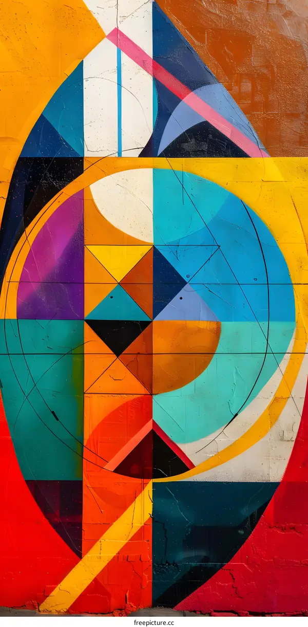 Abstract Geometric Street Art Mural on Brick Wall