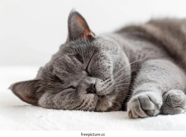 A gray shorthair cat is sleeping on a white blanket