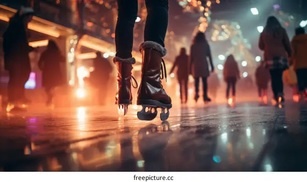people ice skating on a rink in the city at night