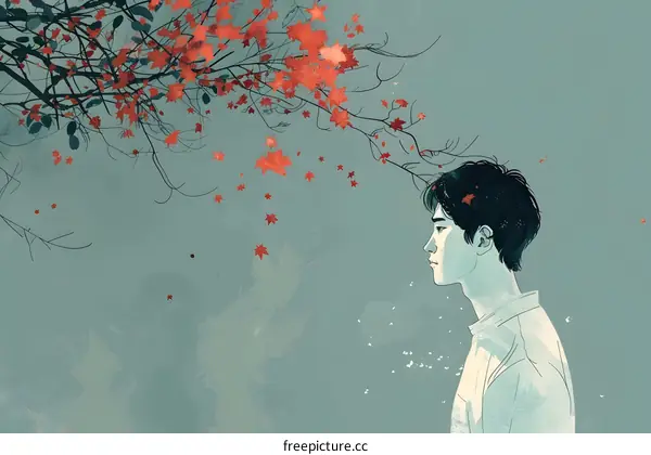 An illustration of a young man standing under a tree with red leaves falling around him