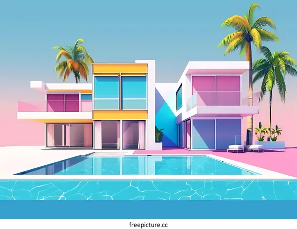 Modern Minimalist House With Swimming Pool And Palm Trees