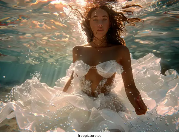 An ethereal underwater photoshoot of a woman wearing a wedding dress