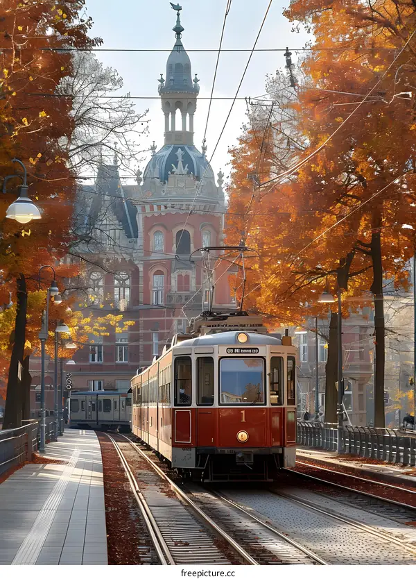 Autumn Tram Tracks Street  Building