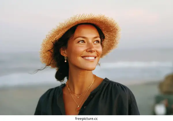 Smiling Woman in Straw Hat at Beach