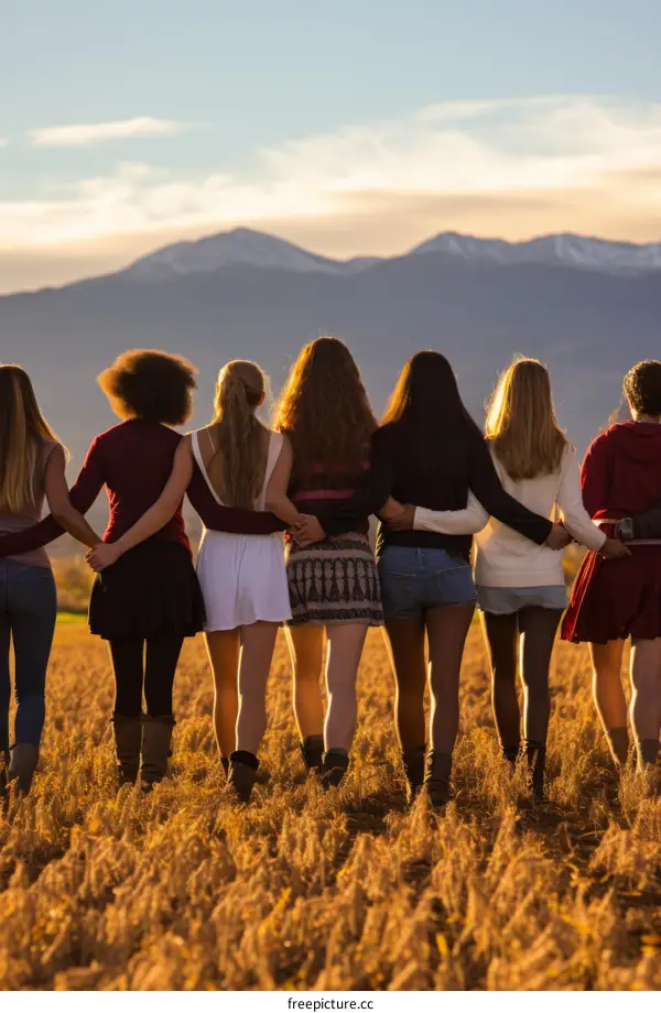 A group of diverse young women standing in a field of wheat with their arms around each other