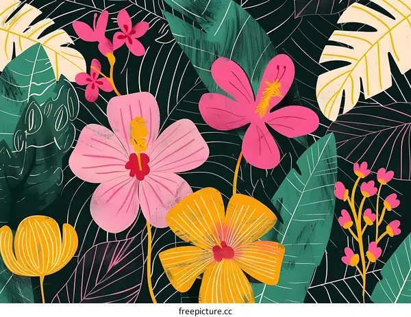 Tropical Floral Pattern Illustration with Pink, Yellow and Green Colors