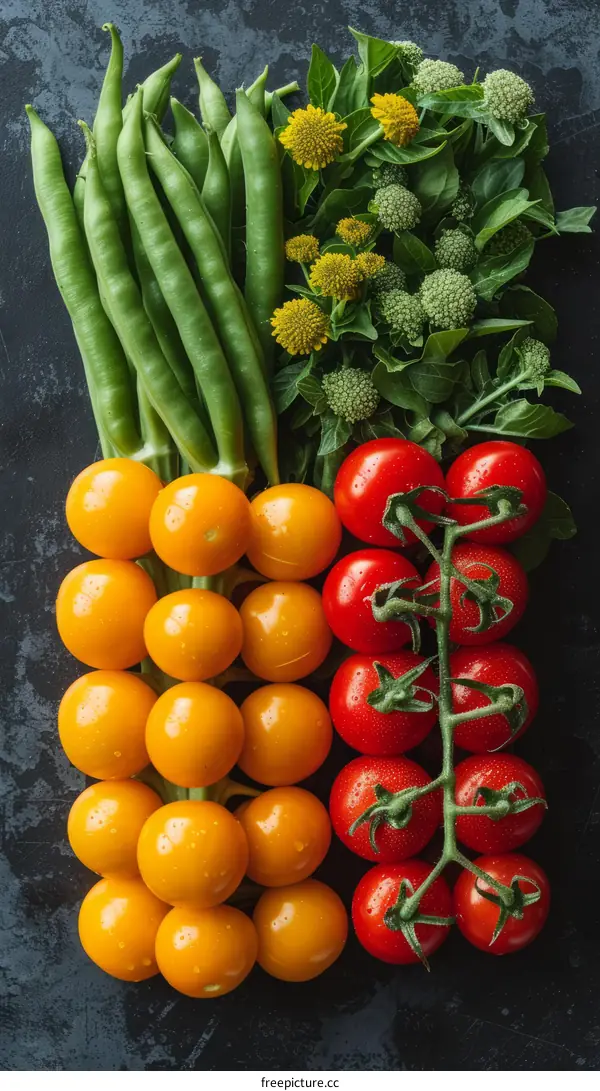 Colorful vegetables. Green beans, yellow tomatoes and red tomatoes on a dark background. Vegetables are arranged in vertical rows.