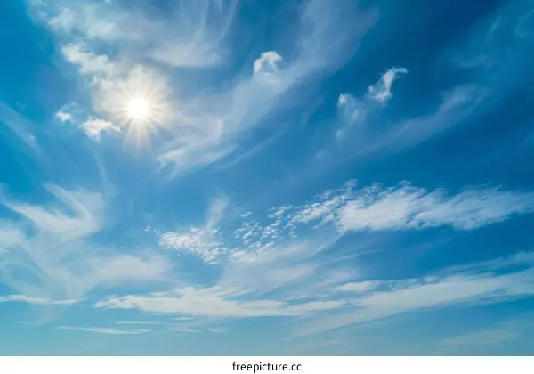 Blue sky with white clouds and bright sun