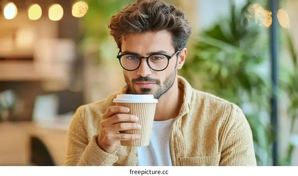 Caucasian Man Enjoying Coffee in Cafe