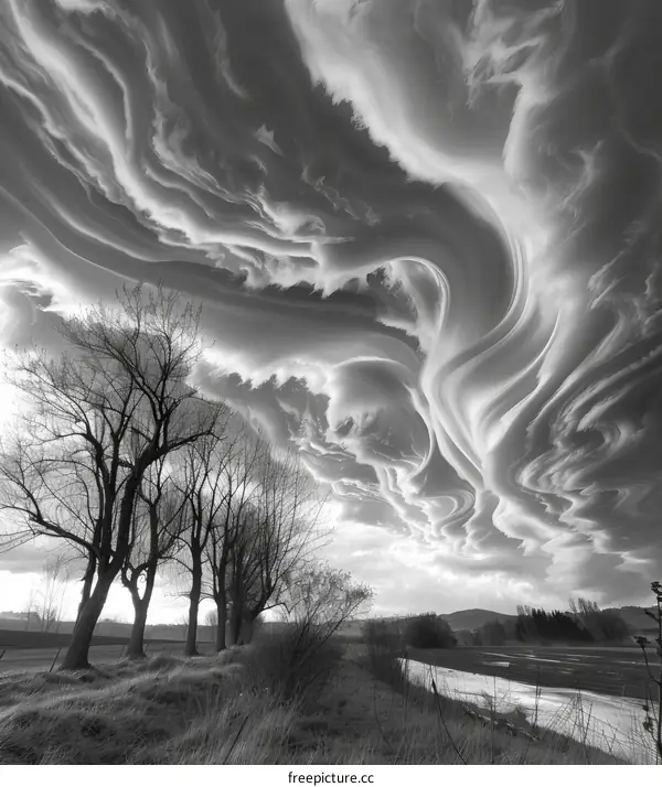Black and white landscape photograph of a field with trees below wavy clouds
