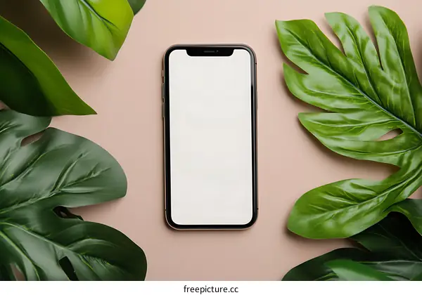 Phone with White Screen and Green Leaves on Pink Background