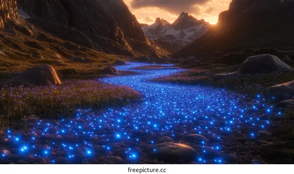 Mountain River Flowing Through Illuminated Flowers