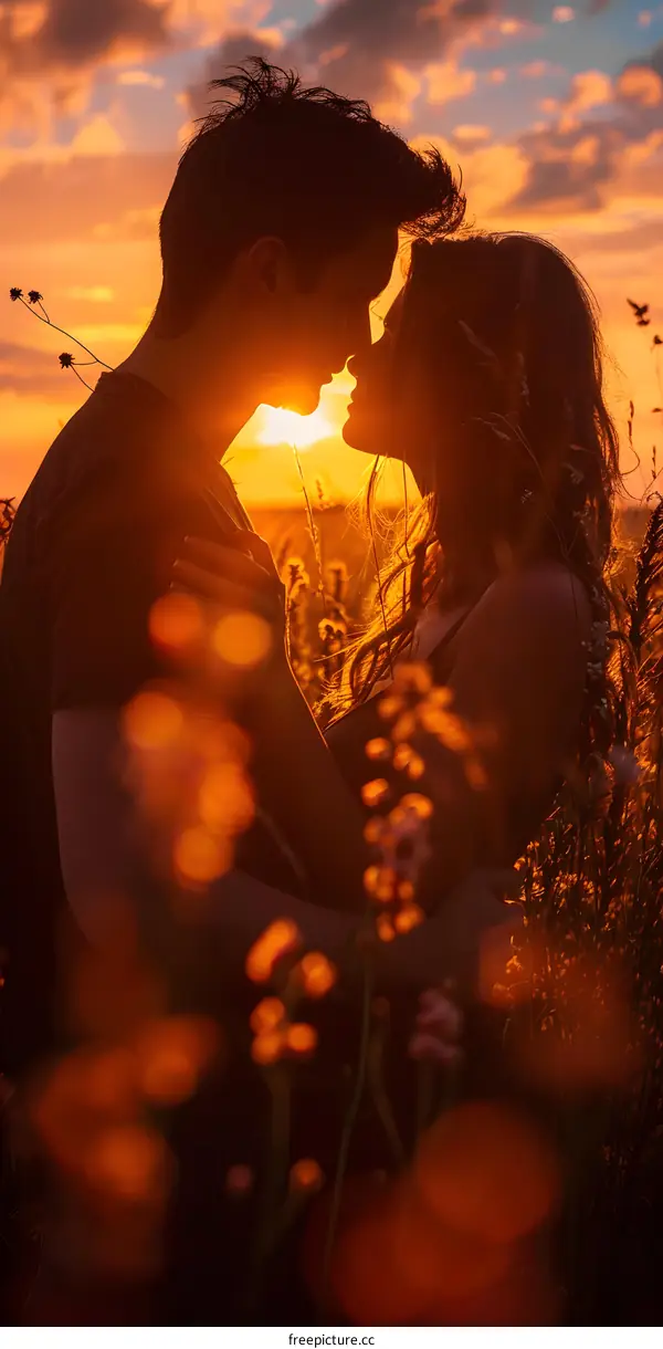 Silhouette of Couple Kissing at Sunset in Field of Flowers