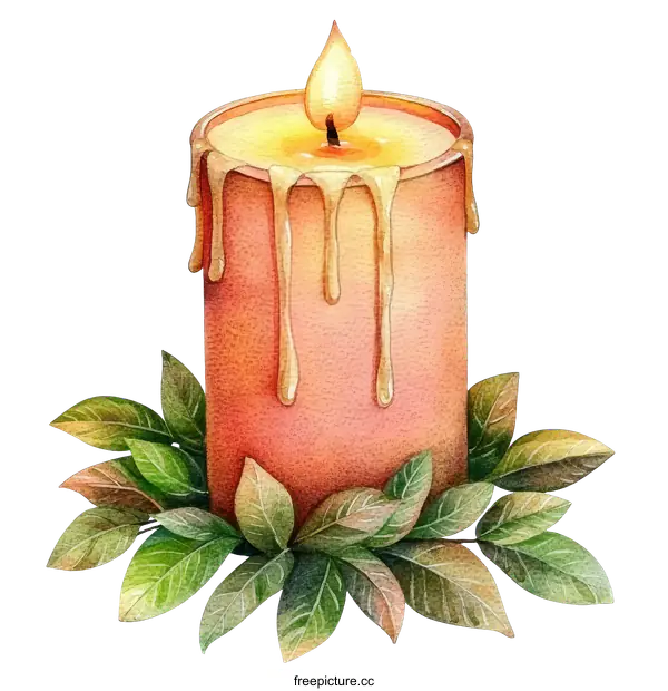 [Transparent Background PNG]Watercolor Illustration of a Single Candle with Leaves