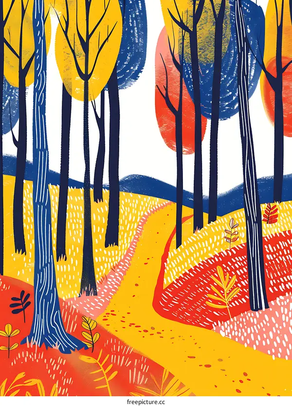 Abstract Forest Landscape with Winding Path and Colorful Trees