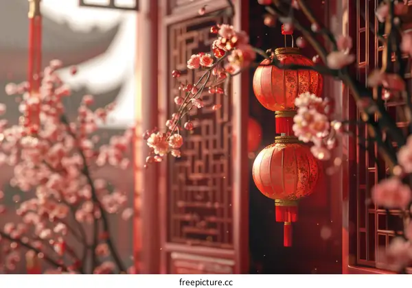 Delightful Spring Festival with Auspicious Lanterns and Blooming Sakura