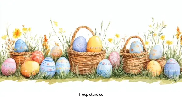Easter Eggs in Baskets and Flowers Illustration
