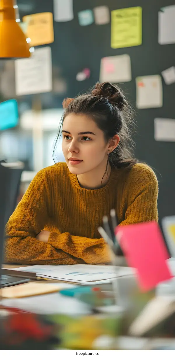 Young Woman in Yellow Sweater Looking Away in Office