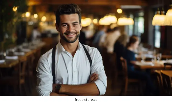 Handsome waiter standing in restaurant with arms crossed