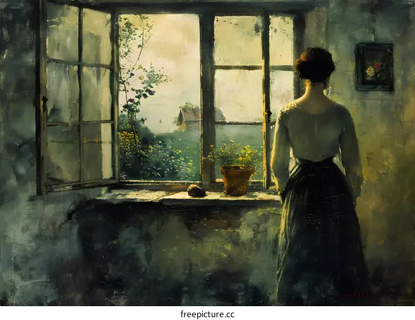 A woman standing in front of a window looking at a rural landscape