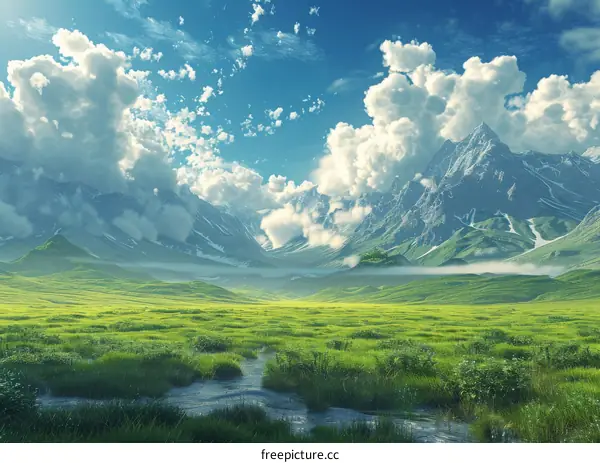 Majestic Mountain Meadow Landscape Illustration