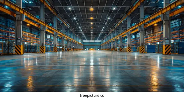 Large Empty Concrete Warehouse Interior with Metal Racks
