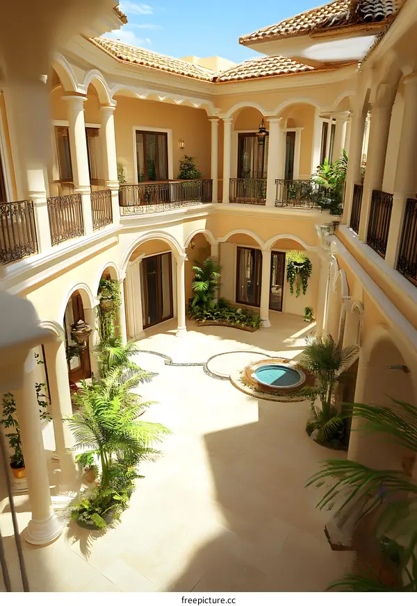 Mediterranean Style Courtyard with Fountain