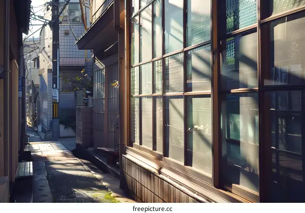 Sunbeams Through Glass Windows In Narrow Alleyway In Japan