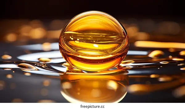 Amber Liquid Drop on Reflective Surface